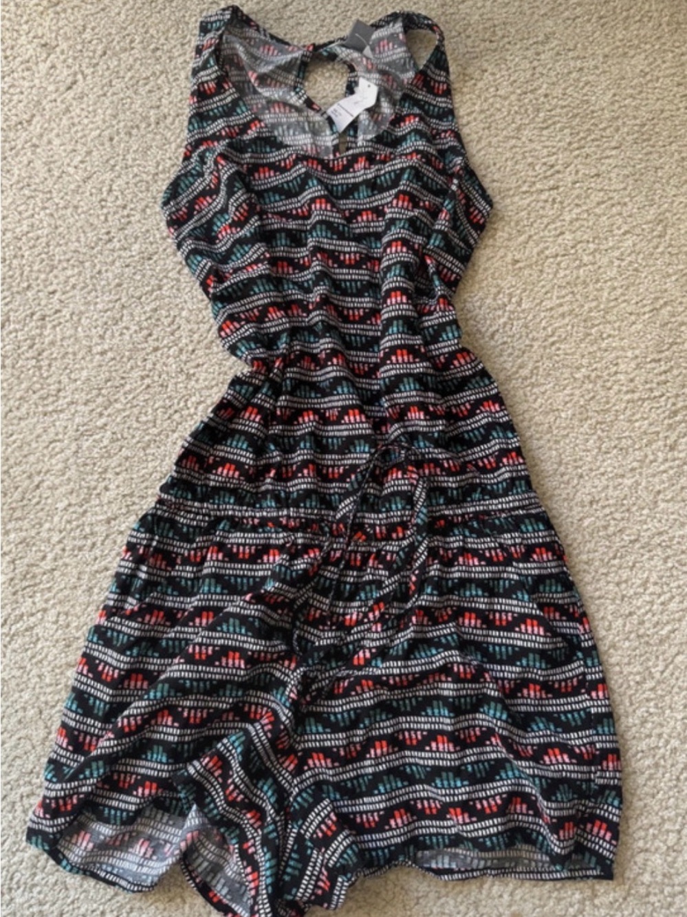 Old Navy Black Sleeveless Romper with Coral and Teal Geometric Print NWT